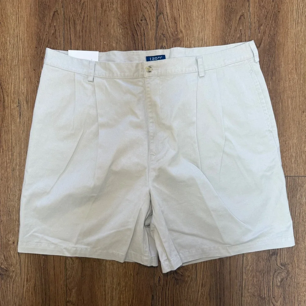 IZOD Mens 42 Pleated Chino Shorts Stone Beige 100%‎ Cotton New w/ FLAW READ